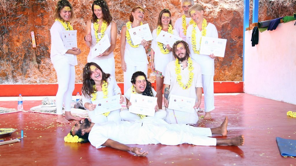 yoga teacher training certification ceremony. group picture of yttc students in gokarna